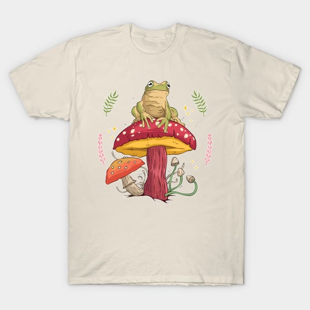 mushroom, frog, cottagecore, toad, cute, T-Shirt by laverdeden